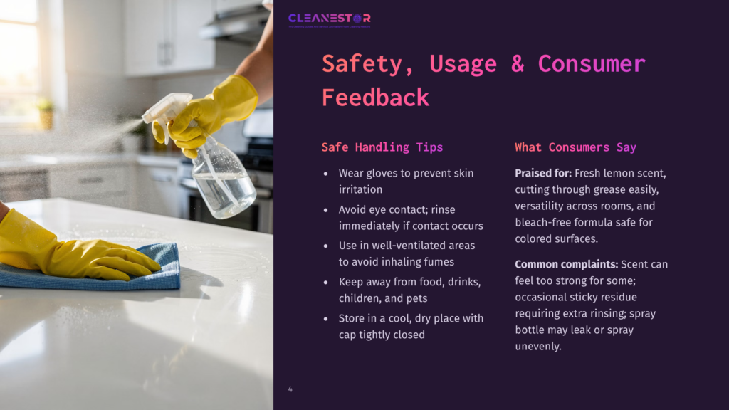 4 Safety Usage And Consumer Feedback Close-Up Of Yellow-Gloved Hands Spraying A Cleaning Product Onto A White Countertop, With A Blue Microfiber Cloth Wiping The Surface. Text Overlay: &Quot;Cleanestor Safety, Usage &Amp; Consumer Feedback&Quot;.