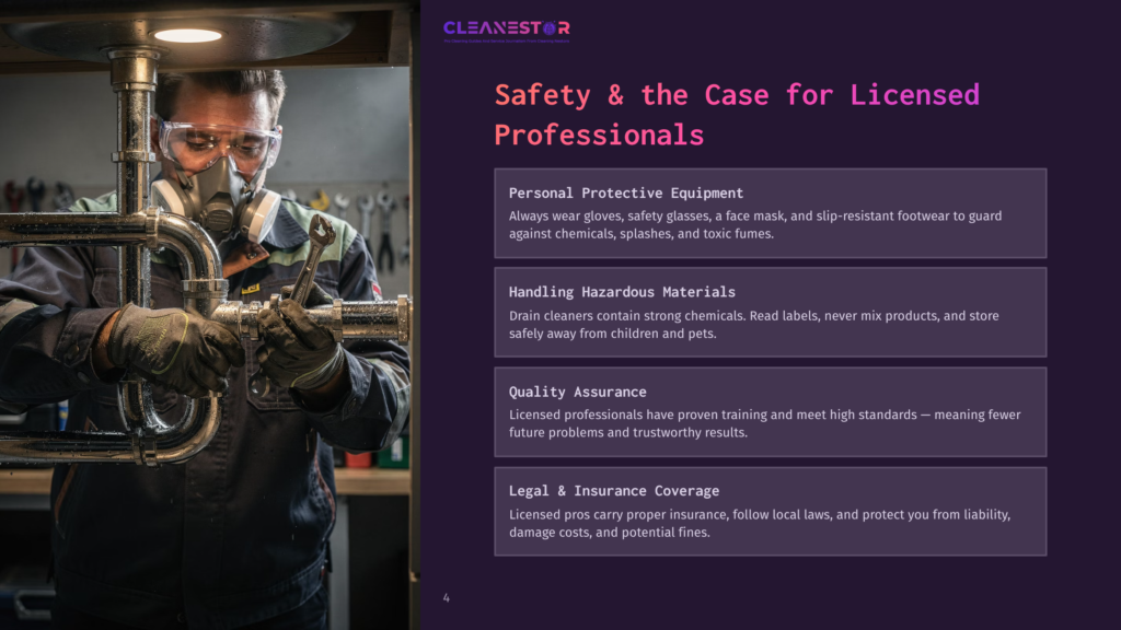 A Professional Cleaner Wears Safety Glasses, A Respirator, And Gloves While Working On Pipes, Illustrating Safety Protocols For Licensed Cleaning Professionals.