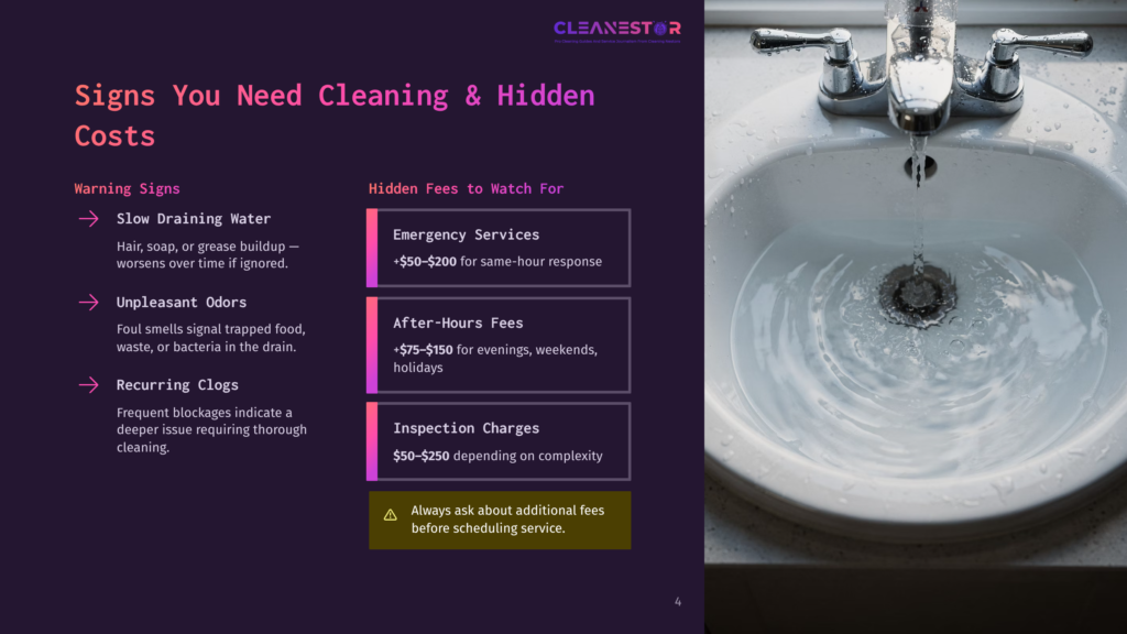 A Close-Up Of A White Ceramic Sink With Running Water, Showing Ripples And Reflections. Text Overlay Lists &Quot;Signs You Need Cleaning &Amp; Hidden Costs&Quot; With Details On &Quot;Slow Draining Water,&Quot; &Quot;Unpleasant Odors,&Quot; &Quot;Recurring Clogs,&Quot; And &Quot;Hidden Fees To Watch For&Quot; Including Emergency Services And After-Hours Fees.