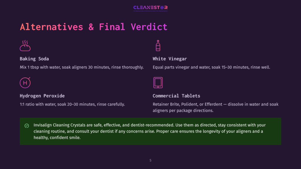 5 Alternatives And Final Verdict Cleanestor Logo Above A Dark Purple Background With Text Listing Alternatives For Cleaning Aligners: Baking Soda, Hydrogen Peroxide, White Vinegar, And Commercial Tablets, With A Final Verdict And Infographic Details.