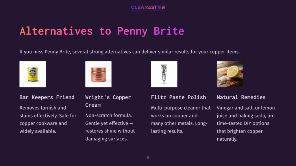 Four Copper Cleaning Product Alternatives: Bar Keepers Friend, Wright'S Copper Cream, Flitz Paste Polish, And Natural Remedies Like Vinegar And Salt, Are Displayed On A Dark Background.