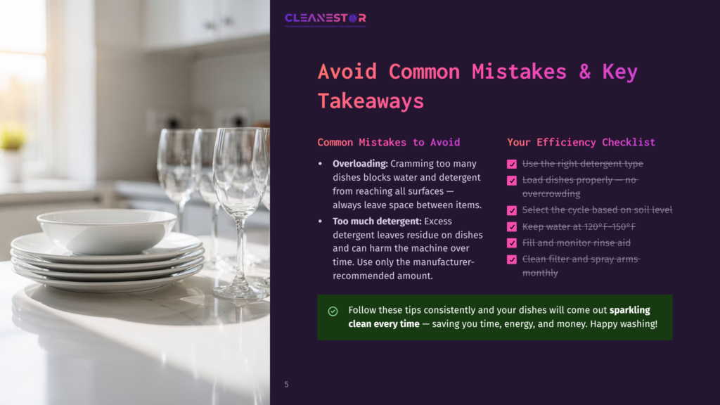 Cleanestor Logo And Tips For Efficient Dishwashing: Avoid Overloading, Use The Right Detergent, And Select The Correct Cycle. Dishes Are Stacked Neatly In The Foreground.