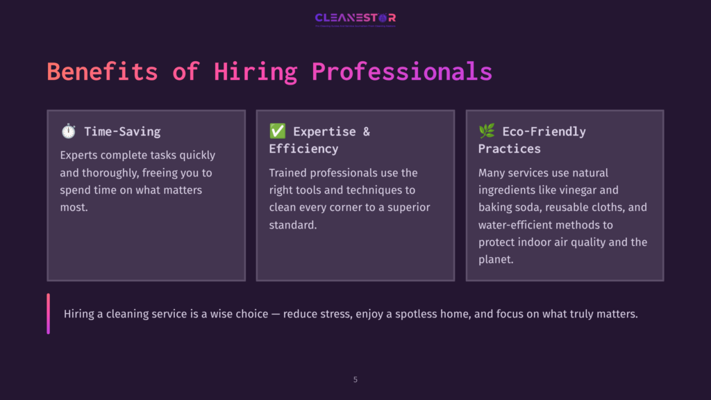 Infographic Outlining The Benefits Of Hiring Professional Cleaning Services: Time-Saving, Expertise &Amp; Efficiency, And Eco-Friendly Practices. The Text &Quot;Cleanestor&Quot; Is At The Top.
