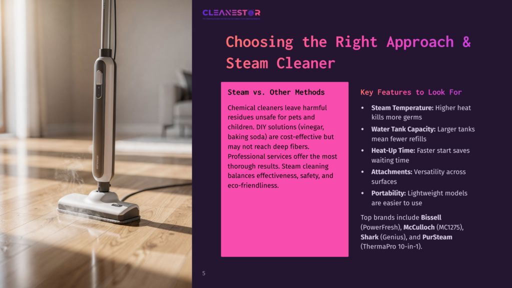 Cleanestor Steam Cleaner On A Wooden Floor, With Steam Rising From The Head. The Image Is Part Of A Presentation Titled &Quot;Choosing The Right Approach &Amp; Steam Cleaner,&Quot; Highlighting Steam Cleaner Benefits.