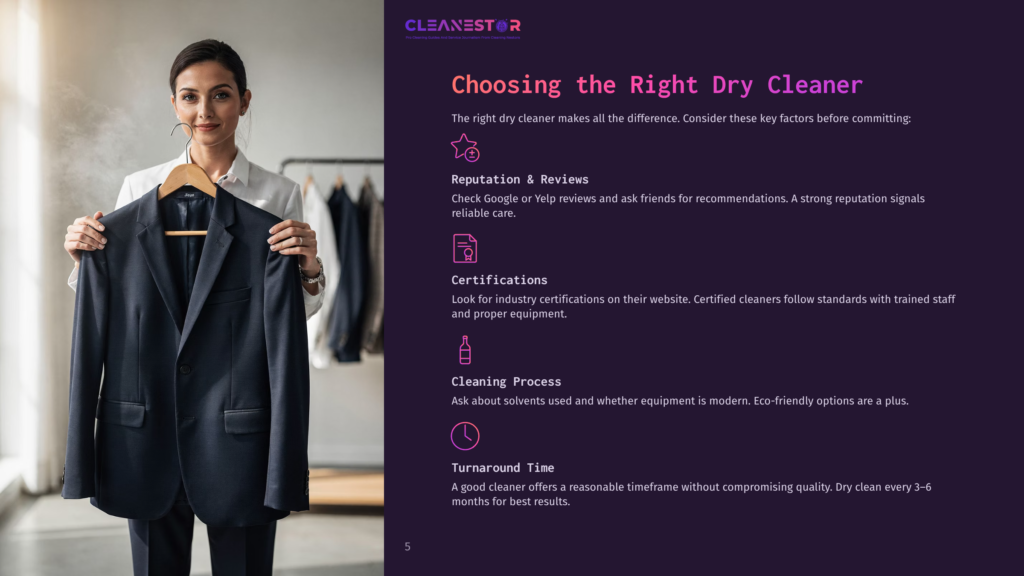 A Professional Woman Holds A Dark Suit Jacket, Smiling At The Camera In A Bright, Airy Dry Cleaning Shop With Racks Of Clothes In The Background. Text Reads &Quot;Cleanestor Choosing The Right Dry Cleaner&Quot;.