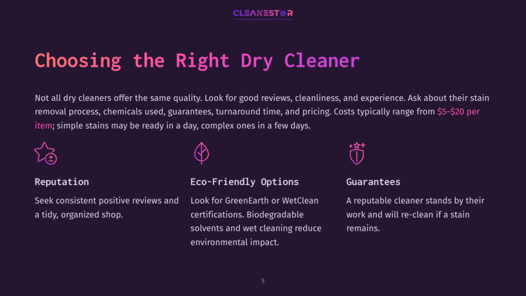 A Dark Purple Background With The Text &Quot;Cleanestor&Quot; And &Quot;Choosing The Right Dry Cleaner&Quot; At The Top. Below Are Three Columns With Icons And Text: Reputation, Eco-Friendly Options, And Guarantees.