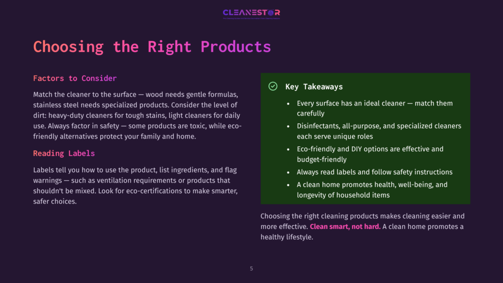 Dark Background With Purple Overlay, Featuring The Text &Quot;Cleanestor&Quot; At The Top. The Main Text Reads &Quot;Choosing The Right Products&Quot; With Sections On &Quot;Factors To Consider&Quot; And &Quot;Reading Labels,&Quot; And A &Quot;Key Takeaways&Quot; Box With Bullet Points About Choosing Cleaning Products.