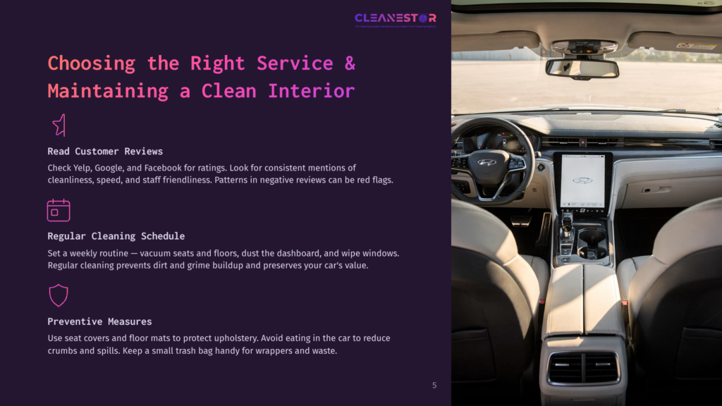 5 Choosing The Right Service And Maintaining A Clean Interior Interior Of A Modern Car, Showing The Dashboard And Front Seats. The Text &Quot;Cleanestar&Quot; Is Visible At The Top.