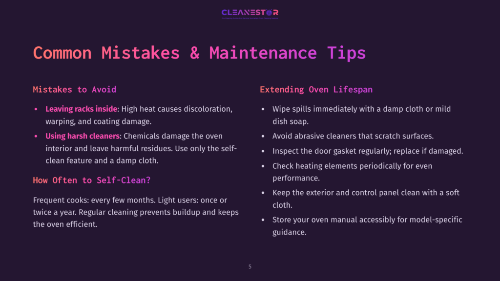 Slide Titled &Quot;Common Mistakes &Amp; Maintenance Tips&Quot; Lists Advice For Extending Oven Lifespan, Like Wiping Spills And Checking Heating Elements.