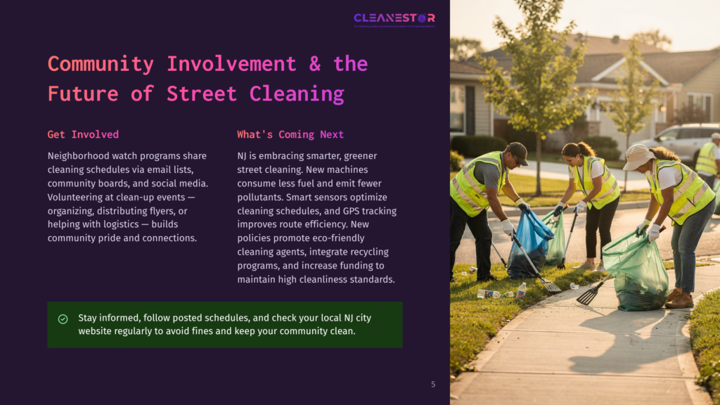Cleanestor Logo Above Text About Community Involvement And Street Cleaning. Three People In Yellow Vests Pick Up Litter On A Suburban Street.
