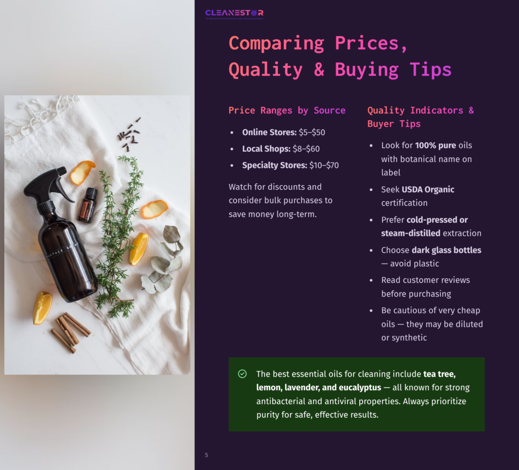 5 Comparing Prices Quality And Buying Tips A Dark Glass Spray Bottle Of Essential Oils Sits On A White Linen Cloth, Surrounded By Fresh Lemon Slices, Cinnamon Sticks, And Sprigs Of Rosemary And Lavender.