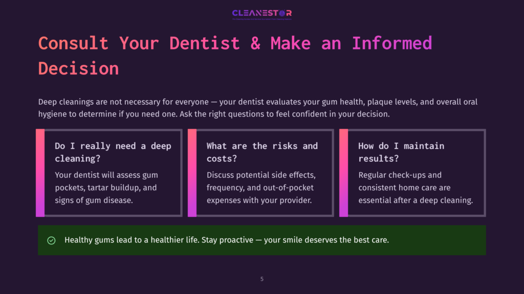 Graphic With Text &Quot;Consult Your Dentist &Amp; Make An Informed Decision&Quot; And Three Boxes Detailing &Quot;Do I Really Need A Deep Cleaning?&Quot;, &Quot;What Are The Risks And Costs?&Quot;, And &Quot;How Do I Maintain Results?&Quot;.