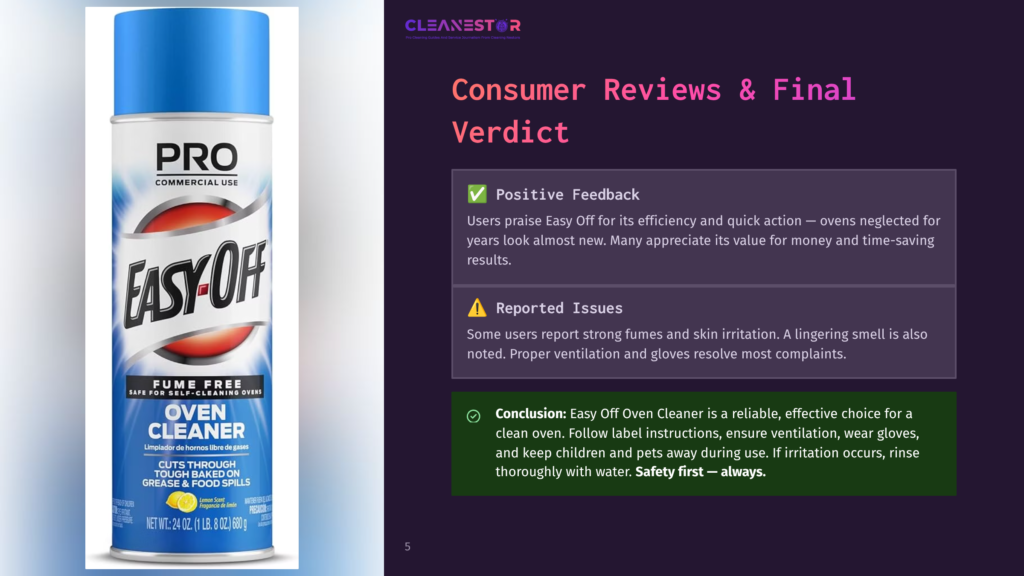 5 Consumer Reviews And Final Verdict Can Of Easy Off Oven Cleaner With &Quot;Fume Free&Quot; And &Quot;Cuts Through Tough Baked On Grease &Amp; Food Spills&Quot; Text. The Can Is White With Red And Yellow Accents, Set Against A Dark Background With Text About Positive Reviews And Product Effectiveness.