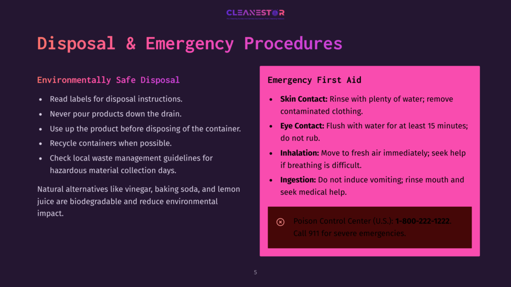 Slide Titled &Quot;Disposal &Amp; Emergency Procedures&Quot; From Cleanestor, Detailing Safe Disposal Of Cleaning Products And Emergency First Aid Instructions.