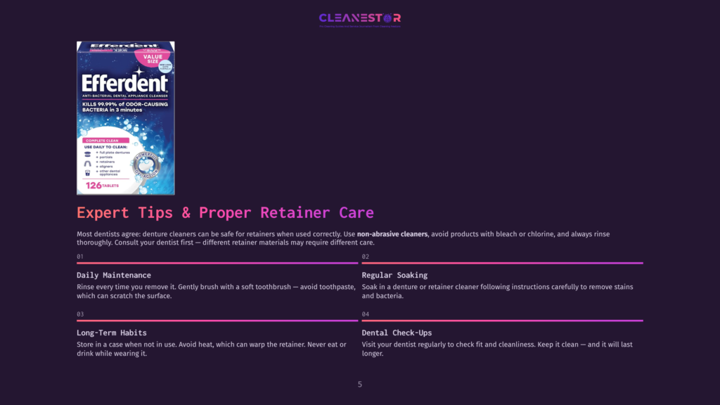 Efferdent Anti-Bacterial, Anti-Viral, Dental Appliance Cleaner Tablets In A Box, With Text Detailing Its Uses For Dentures, Retainers, And Other Dental Devices.