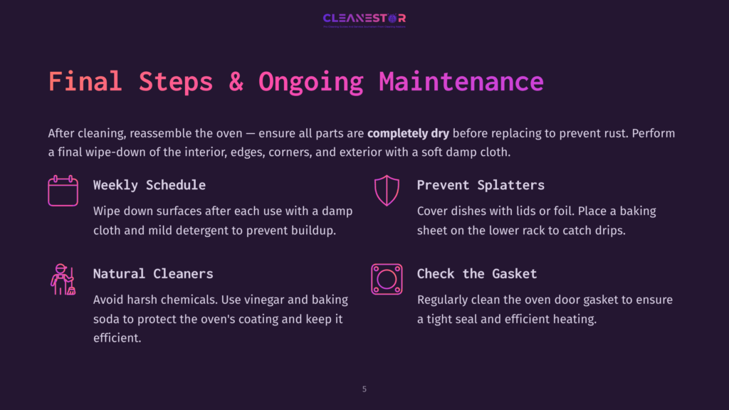Cleanestor Logo At The Top Of A Slide Titled &Quot;Final Steps &Amp; Ongoing Maintenance&Quot; Detailing Weekly Oven Cleaning Schedules, Natural Cleaner Tips, Splatter Prevention, And Gasket Checks.