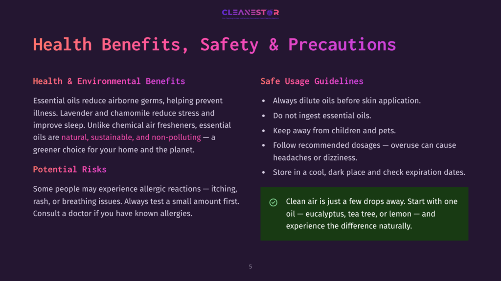 Dark Purple Background With &Quot;Cleanestor&Quot; Logo At The Top. Text Details &Quot;Health Benefits, Safety &Amp; Precautions,&Quot; &Quot;Health &Amp; Environmental Benefits,&Quot; And &Quot;Safe Usage Guidelines&Quot; For Essential Oils.