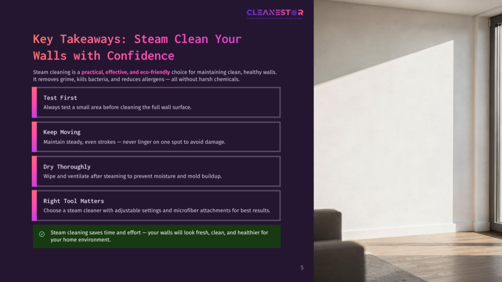 Key Takeaways For Steam Cleaning Walls With Confidence: Test First, Keep Moving, Dry Thoroughly, And Use The Right Tool. Steam Cleaning Is Practical, Effective, And Eco-Friendly.