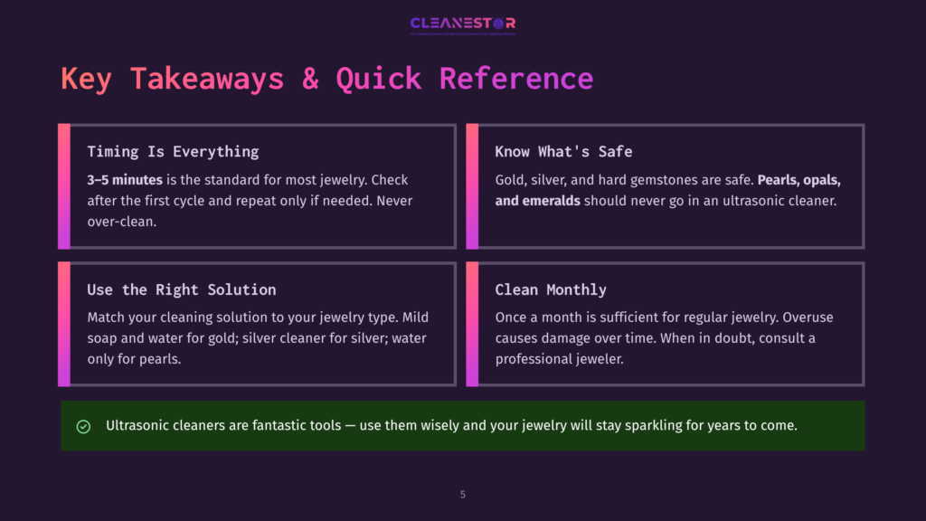 A Graphic With Four Quadrants Offering Tips For Jewelry Cleaning. The Top Left Discusses Timing, The Top Right Discusses Safe Cleaning For Gems, The Bottom Left Discusses Matching Solutions To Jewelry Types, And The Bottom Right Discusses Monthly Cleaning Frequency. A Green Banner At The Bottom States That Ultrasonic Cleaners Are Fantastic Tools.