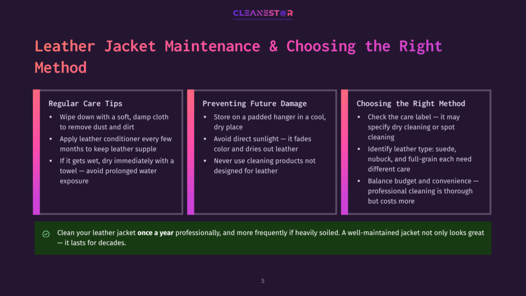 Diagram Outlining Leather Jacket Maintenance And Choosing The Right Method With Three Columns: Regular Care Tips, Preventing Future Damage, And Choosing The Right Method. Key Advice Includes Wiping With A Soft Cloth, Using Conditioner, Storing On A Padded Hanger, Avoiding Direct Sunlight, And Checking Care Labels.