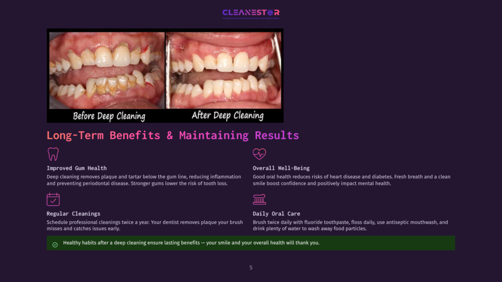 5 Long Term Benefits And Maintaining Results Side-By-Side Comparison Of Teeth Before And After Deep Cleaning, Showing Significant Improvement In Plaque And Tartar Removal, With Text Highlighting Long-Term Benefits Like Improved Gum Health And Overall Well-Being.