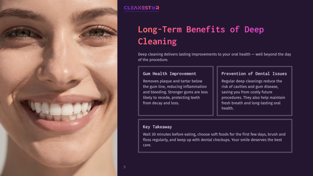 Close-Up Of A Smiling Woman With Bright White Teeth And Healthy Gums, With Text Overlay Discussing &Quot;Long-Term Benefits Of Deep Cleaning&Quot; For Gum Health And Preventing Dental Issues.