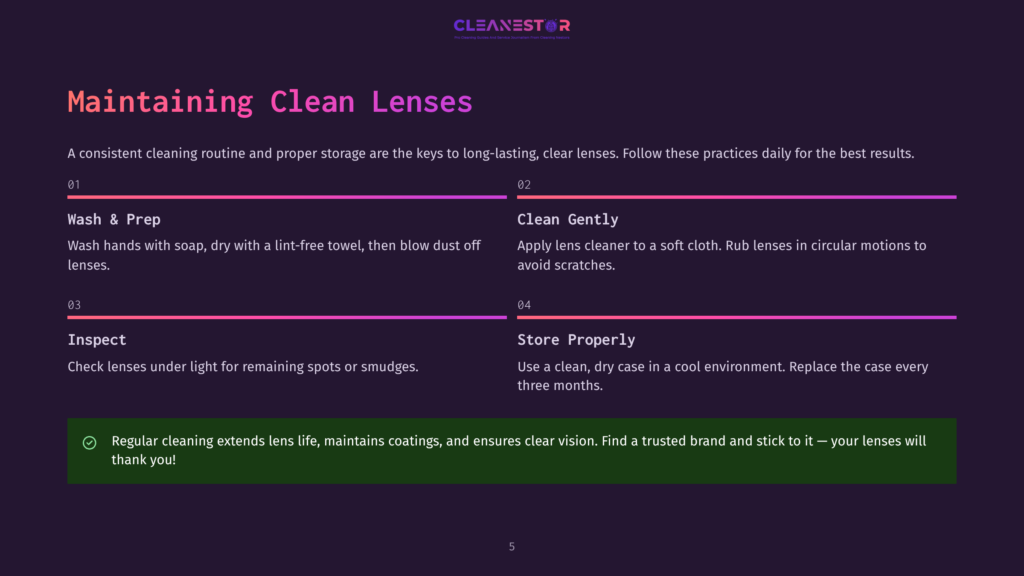 Clean Lenses Infographic: Wash &Amp; Prep, Clean Gently, Inspect, Store Properly. Text Emphasizes Maintaining Clean Lenses For Longevity And Clear Vision.