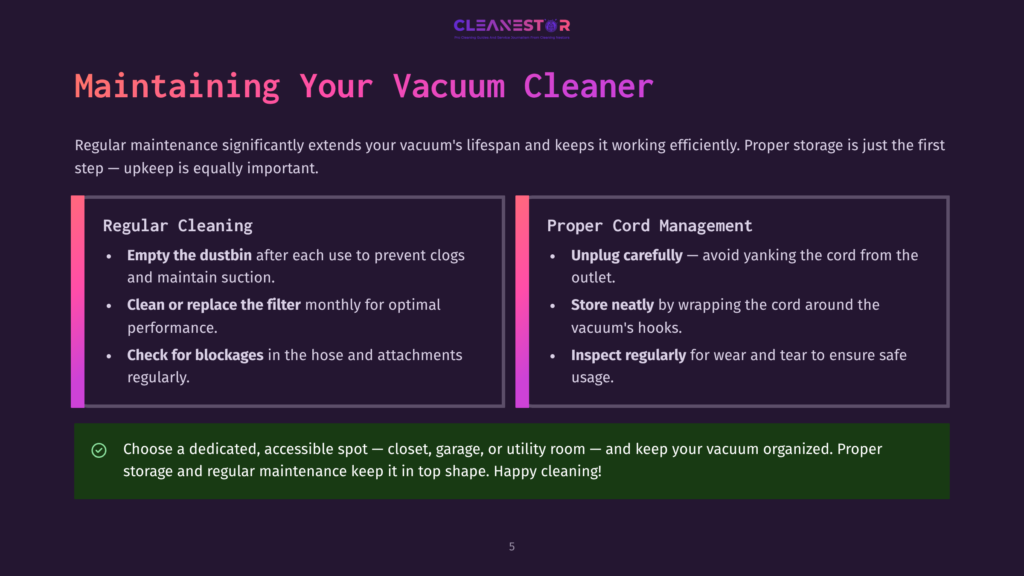 Maintaining Your Vacuum Cleaner: A Guide With Two Columns On Proper Vacuum Care, Including Regular Cleaning Tips And Proper Cord Management, With A Green Checklist At The Bottom.