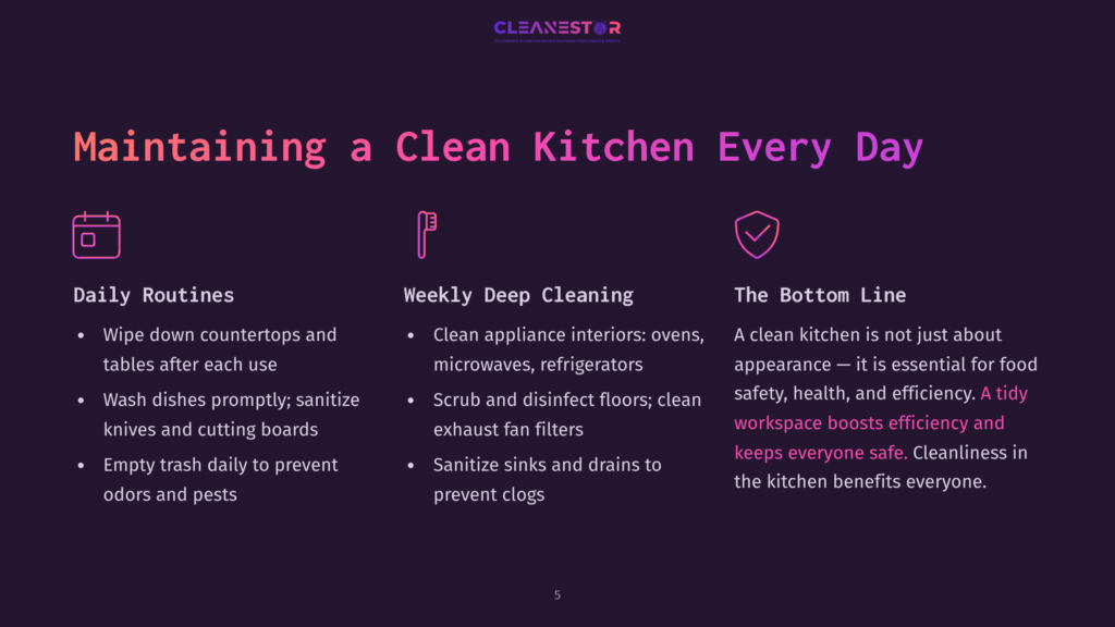 5 Maintaining A Clean Kitchen Every Day Maintaining A Clean Kitchen Every Day: Daily Routines, Weekly Deep Cleaning, And The Bottom Line. Icons For Calendar, Toothbrush, And Shield.