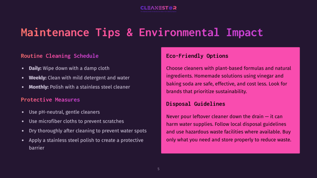 A Dark Purple Slide Titled &Quot;Maintenance Tips &Amp; Environmental Impact&Quot; From Cleanestor, Detailing Routine Cleaning Schedules And Eco-Friendly Options With Text On Cleaning Tips And Disposal Guidelines.