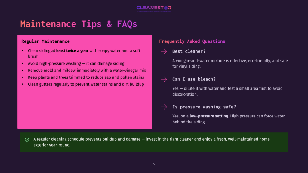 A Dark Purple Slide With The Title &Quot;Maintenance Tips &Amp; Faqs&Quot; On A Dark Background. The Left Side Lists &Quot;Regular Maintenance&Quot; Tips For Cleaning Siding And Gutters, While The Right Side Answers Frequently Asked Questions About Cleaning Solutions And Pressure Washing.