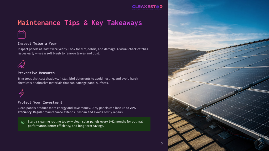 5 Maintenance Tips And Key Takeaways 2 Maintenance Tips For Solar Panels: Inspect Twice A Year, Prevent Bird Deterrents, And Protect Your Investment For Better Efficiency And Savings. The Image Shows A Rooftop Solar Panel Installation With A Clear Blue Sky.