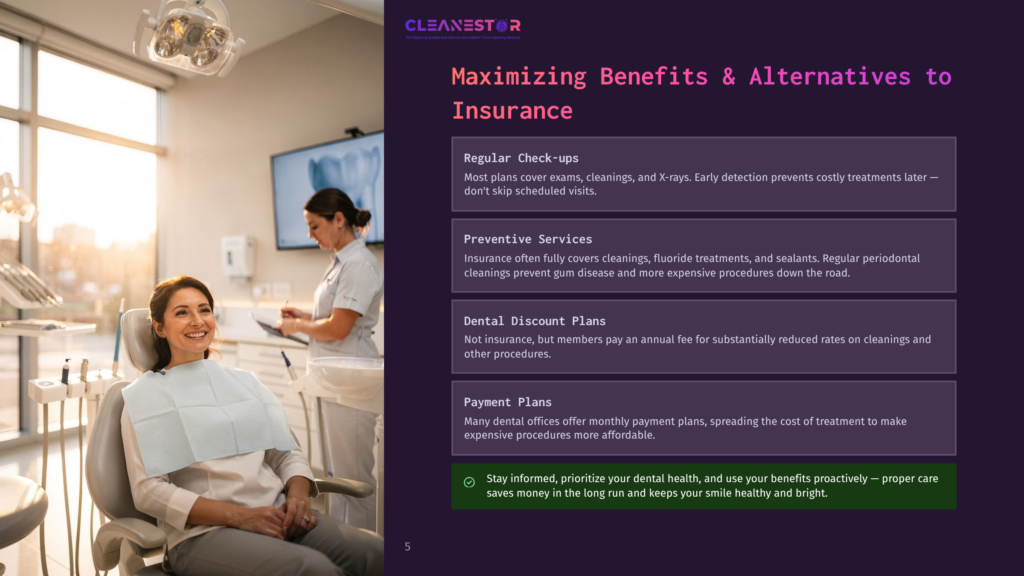 Cleanestor Logo With Text &Quot;Maximizing Benefits &Amp; Alternatives To Insurance&Quot; And Sections On Regular Check-Ups, Preventive Services, Dental Discount Plans, And Payment Plans.
