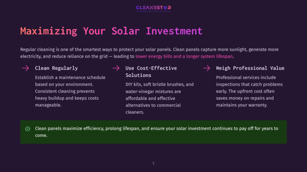 Cleanestor Logo And Text: &Quot;Maximizing Your Solar Investment.&Quot; Sections Detail Cleaning Regularly, Cost-Effective Solutions, And Professional Services, Emphasizing Benefits Like Lower Energy Bills.