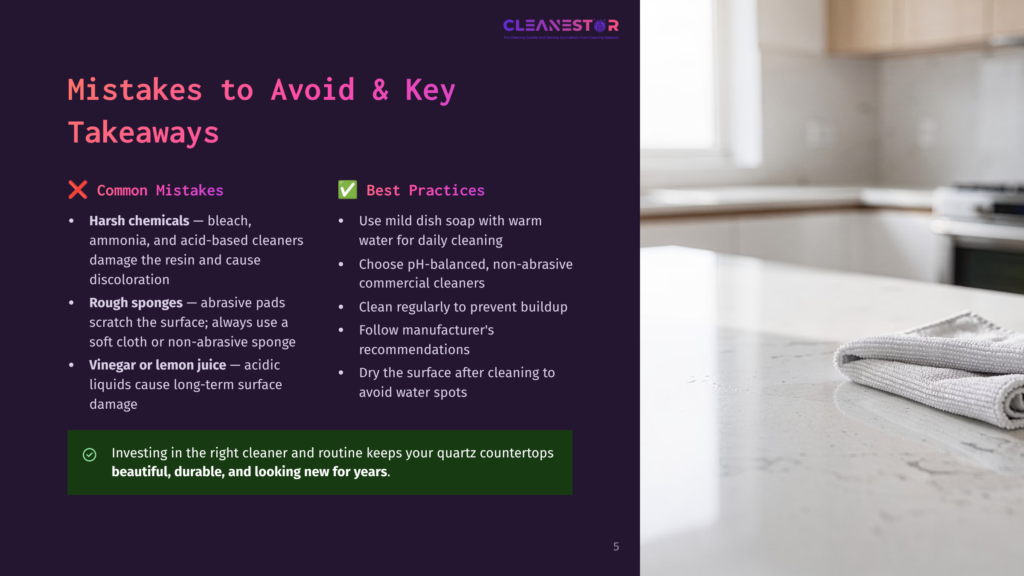 A Clean Kitchen Countertop With A Folded Grey Microfiber Cloth And A White Spray Bottle. Text Overlay: &Quot;Mistakes To Avoid &Amp; Key Takeaways&Quot; And &Quot;Cleanestor&Quot;.