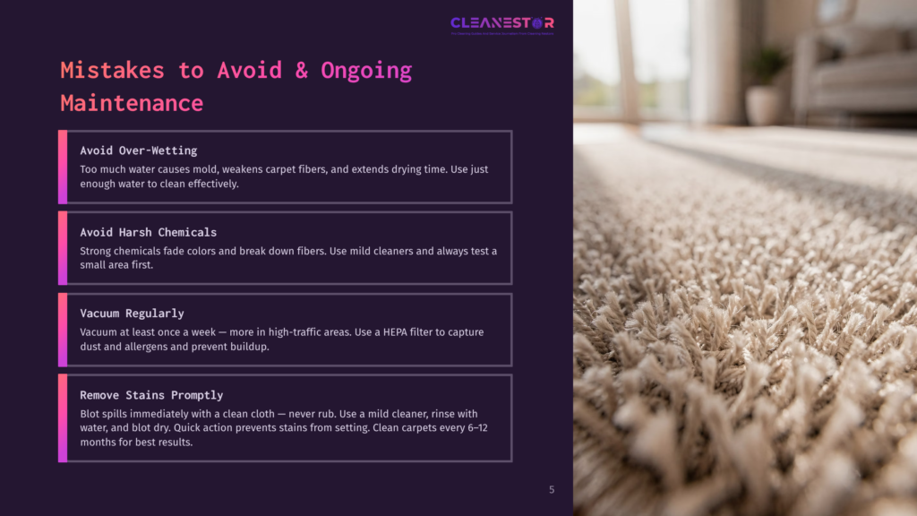 A Close-Up Of A Carpet With An Overlaying Text Section That Reads &Quot;Mistakes To Avoid &Amp; Ongoing Maintenance,&Quot; Featuring Tips Like Avoiding Over-Wetting, Harsh Chemicals, And Regular Vacuuming, Along With Prompt Stain Removal.