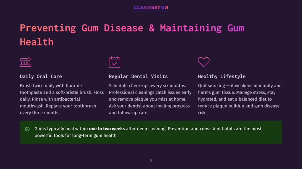 5 Preventing Gum Disease And Maintaining Gum Health Preventing Gum Disease &Amp; Maintaining Gum Health: Daily Oral Care, Regular Dental Visits, Healthy Lifestyle Tips With Icons For Each Section.