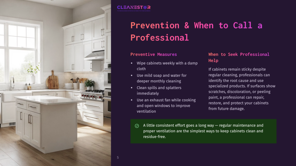 A Bright, Modern Kitchen With White Cabinets, A Large Island, And Stainless Steel Appliances. Text Overlay Reads: &Quot;Cleanestor Prevention &Amp; When To Call A Professional&Quot;.