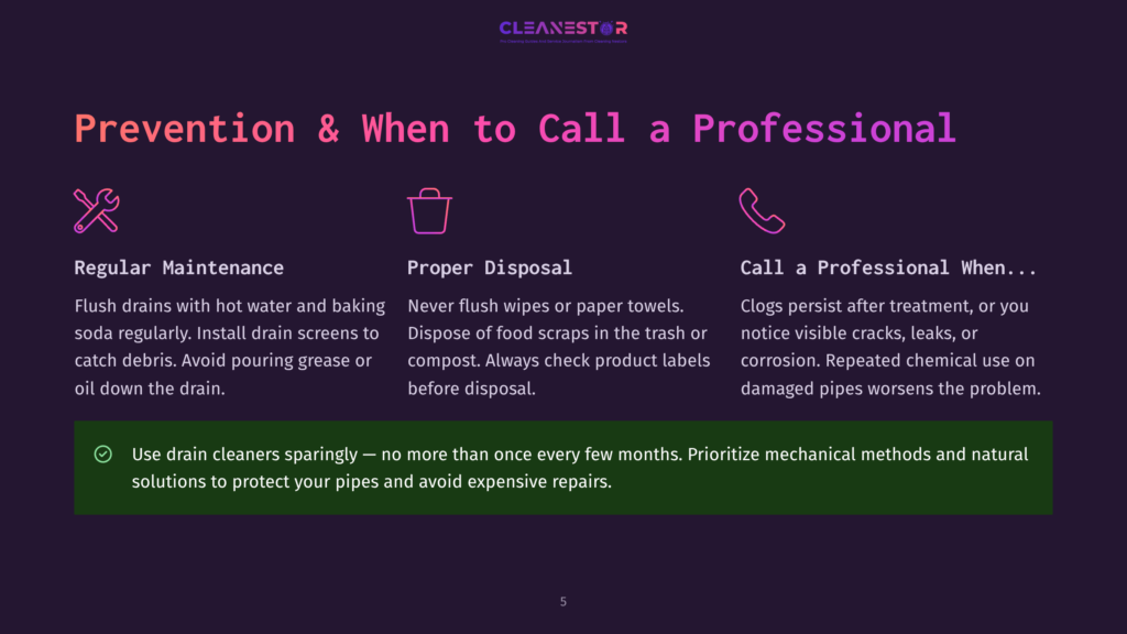 Prevention And When To Call A Professional: Icons For Regular Maintenance, Proper Disposal, And Calling A Professional, With Accompanying Text On Drain Cleaning And Pipe Maintenance.