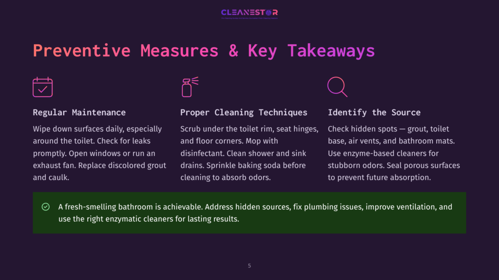 5 Preventive Measures And Key Takeaways A Dark Background Displays Three Icons And Text Outlining &Quot;Preventive Measures &Amp; Key Takeaways&Quot; For Bathroom Cleaning, Including Regular Maintenance, Proper Cleaning Techniques, And Identifying The Source Of Odors.