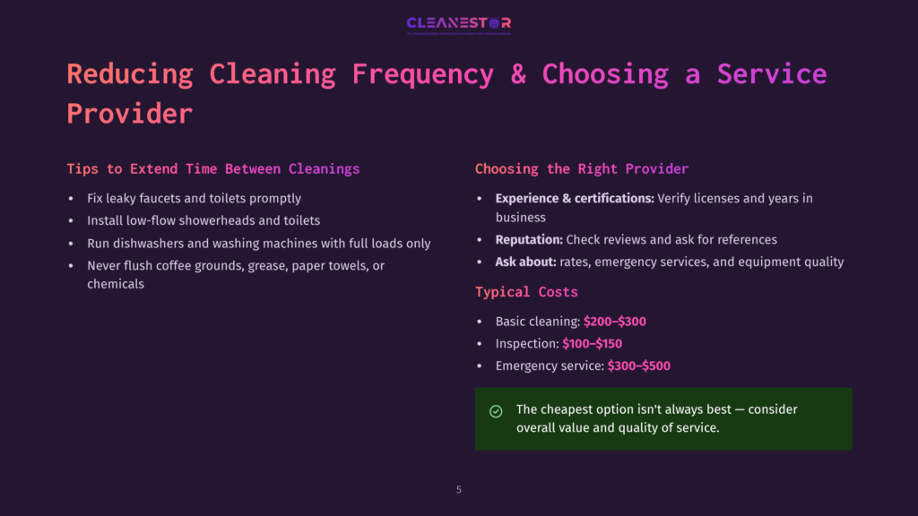 5 Reducing Cleaning Frequency And Choosing A Service Provider Presentation Slide Titled &Quot;Reducing Cleaning Frequency &Amp; Choosing A Service Provider&Quot; With Tips On Extending Time Between Cleanings And Choosing The Right Provider, Including Costs.
