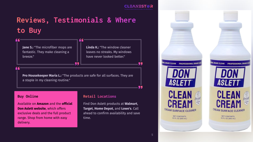 Two Bottles Of Don Aslett Clean Cream Cleaner, With &Quot;Professional Grade Clean&Quot; Text, Sit Side-By-Side. The Background Is A Dark Purple Gradient With White Text Reviews And Testimonials About The Product.