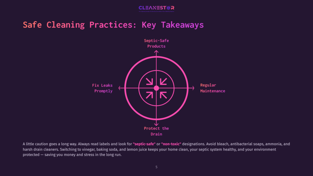 Infographic Titled &Quot;Safe Cleaning Practices: Key Takeaways&Quot; With A Central Circular Diagram Illustrating Four Core Principles: Septic Safe Products, Regular Maintenance, Protect The Drain, And Fix Leaks Promptly. Text Below Emphasizes Using &Quot;Septic-Safe&Quot; And &Quot;Non-Toxic&Quot; Products For A Healthy Home And Environment.