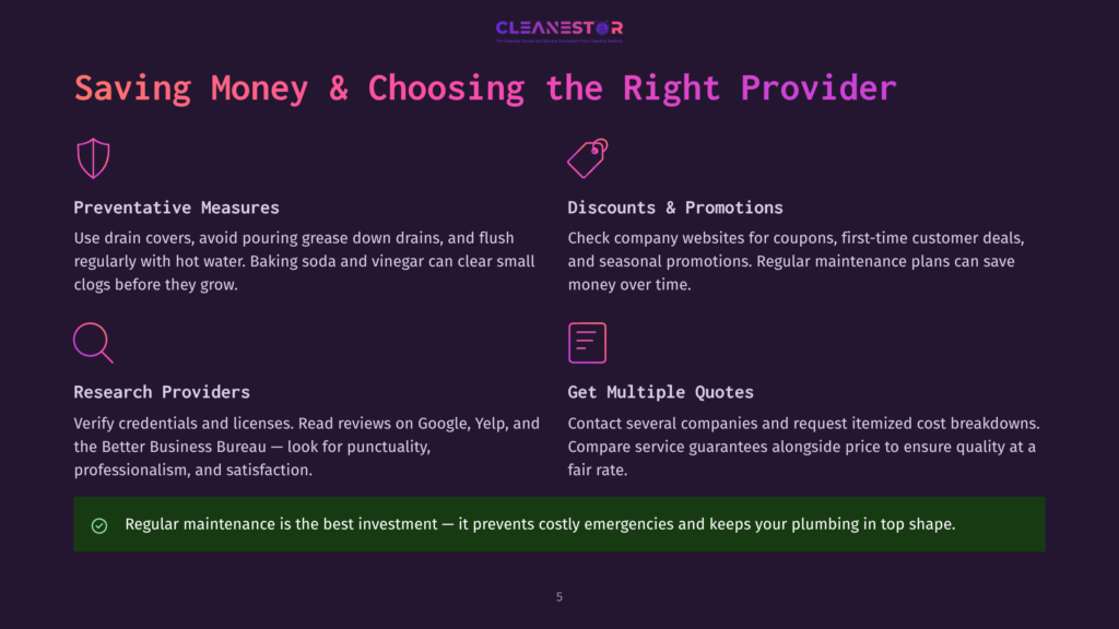 A Purple And Pink Graphic With Text About Saving Money And Choosing The Right Plumbing Provider. Sections Detail Preventative Measures, Discounts, Research, And Getting Quotes. &Quot;Cleanestor&Quot; Logo At The Top.