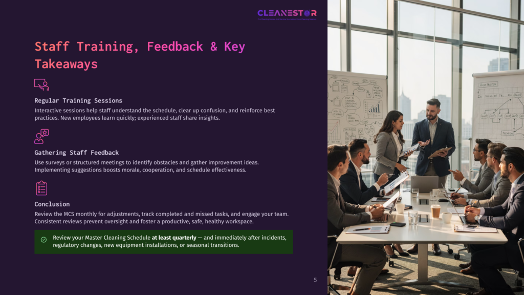 5 Staff Training Feedback And Key Takeaways A Diverse Team Of Cleaners In A Bright Office Setting, Led By A Man In A Suit, Discusses A Whiteboard Filled With Notes And Diagrams, Representing Staff Training And Feedback.