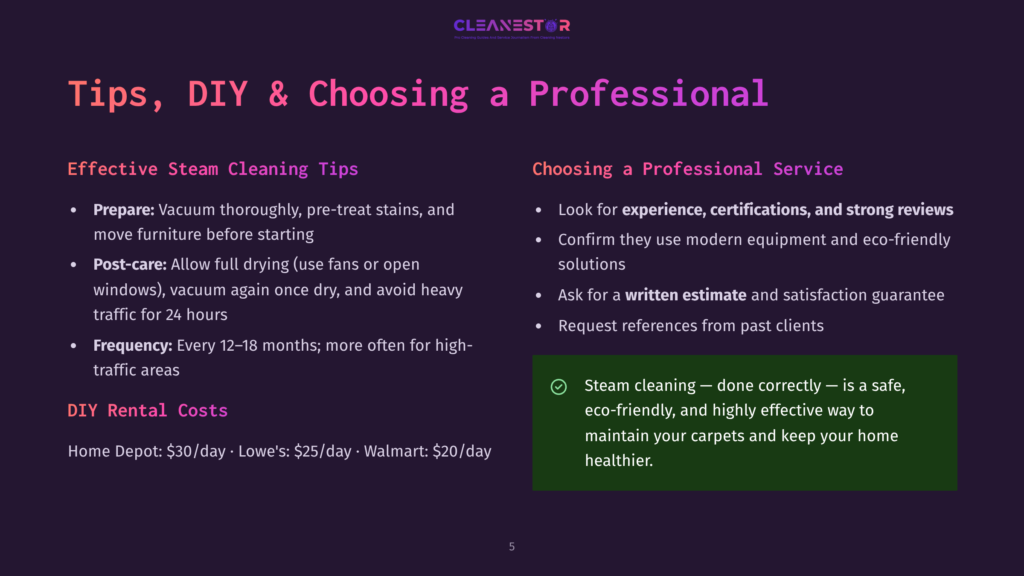 Presentation Slide Titled &Quot;Tips, Diy &Amp; Choosing A Professional&Quot; With Sections On Effective Steam Cleaning Tips And Choosing Professional Service, Featuring Bullet Points With Advice.