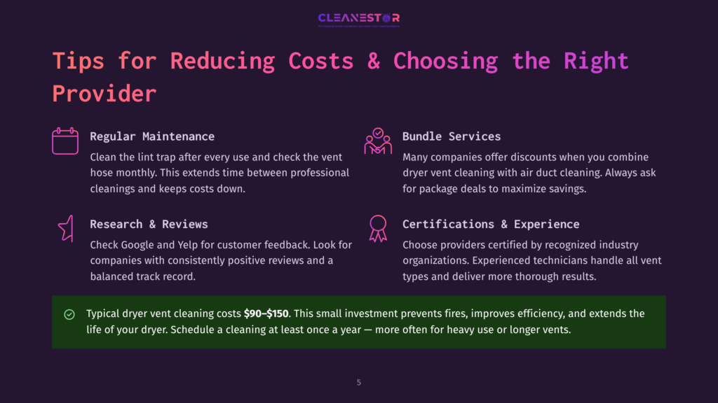 Infographic Titled &Quot;Tips For Reducing Costs &Amp; Choosing The Right Provider&Quot; With Sections On Regular Maintenance, Bundle Services, Research &Amp; Reviews, And Certifications &Amp; Experience. Includes Icons And Cost Information For Dryer Vent Cleaning.