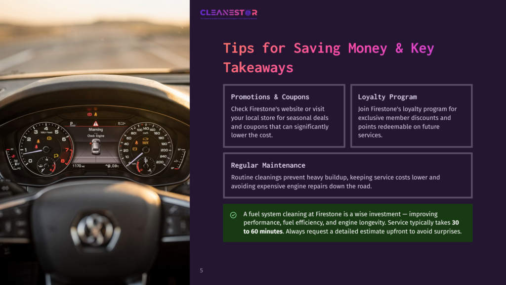 Close-Up Of A Car'S Dashboard Displaying Speed, Rpm, And Fuel Gauge. The &Quot;Check Engine&Quot; Light Is Illuminated, With A &Quot;Cleanestor&Quot; Logo And Text About Saving Money On Car Maintenance Visible On The Right.