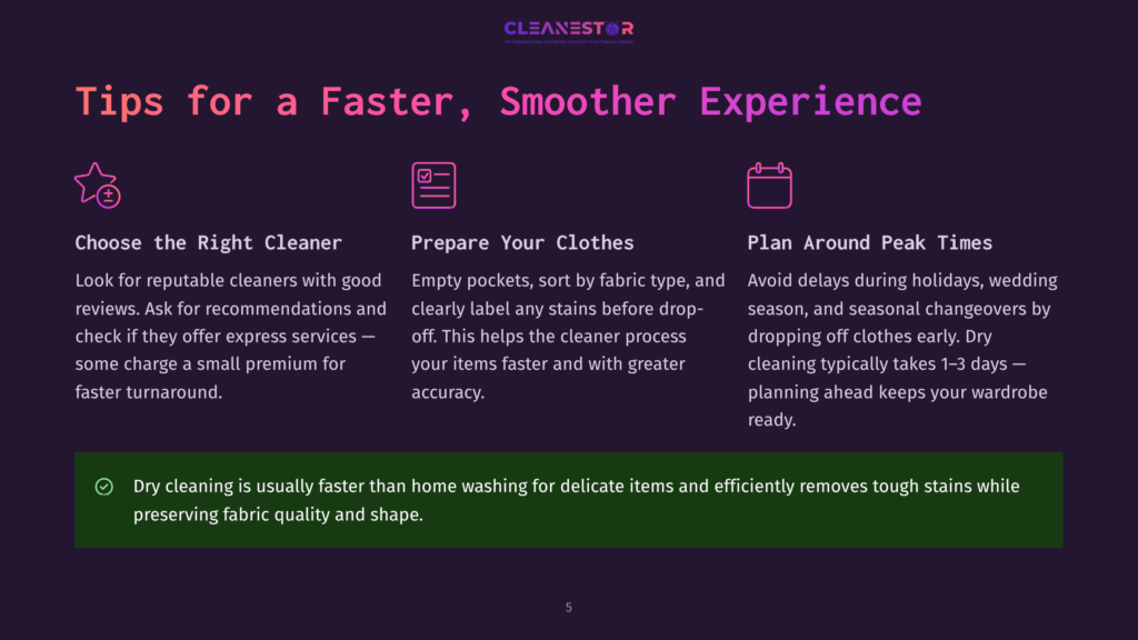 Tips For A Faster, Smoother Experience With Cleanestor. Icons Represent Choosing The Right Cleaner, Preparing Clothes, And Planning Around Peak Times. Text Emphasizes Dry Cleaning'S Speed And Fabric Preservation.