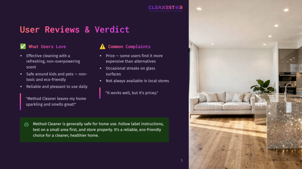 Cleanestor Brand Logo At The Top Of A Slide With User Reviews And Common Complaints About A Cleaning Product, Alongside A Modern Living Room And Kitchen Area.